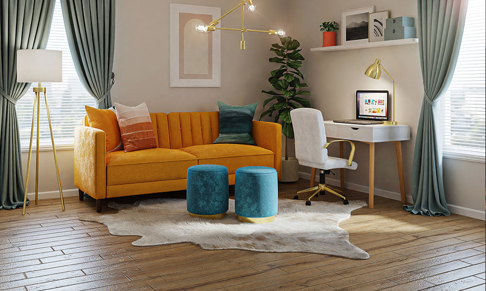 orange sofa with wood floorsa, large animal rug with blue buffets