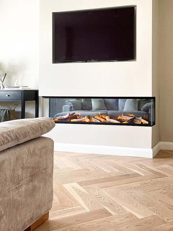 modern home with herringbone floor, rectangular fire place and mounted TV