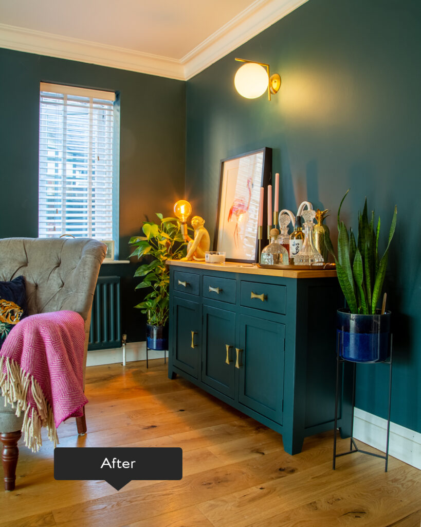 Golden wood flooring with tea wall and console table