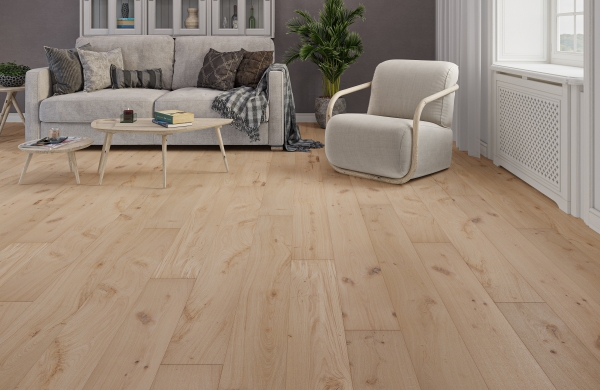 Living room with a beige sofa group and light oak flooring to match