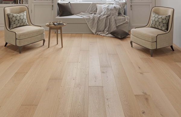 Modern living room in beige tones with light oak flooring